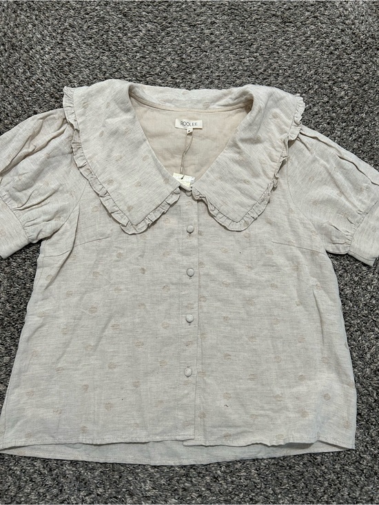 Roolee Tops - Roolee Beige Ruffled Collar Button Blouse
